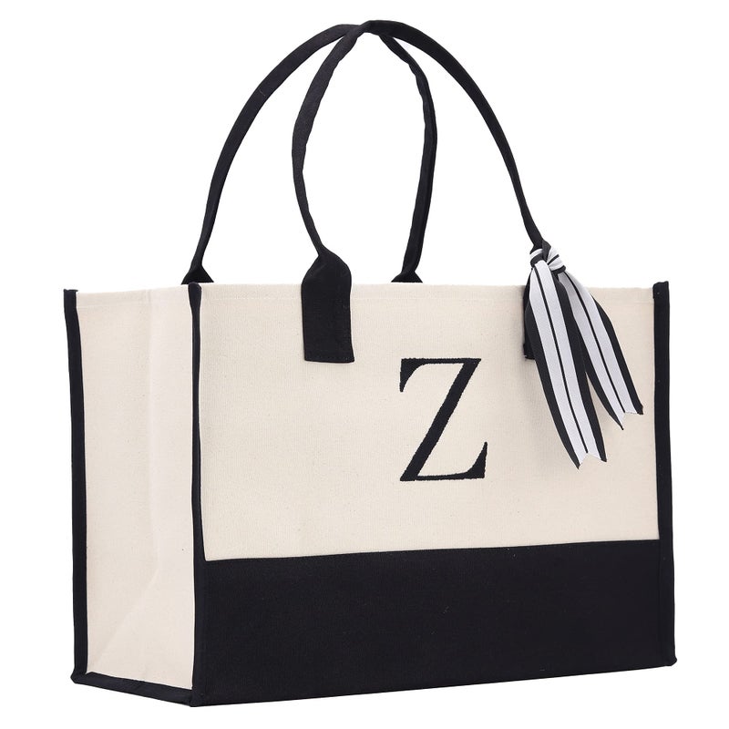 VANESSA ROSELLA Monogram Tote Bag with 100% Cotton Canvas and a Chic Personalized Monogram (Black Block Letter - Z) - Image 1
